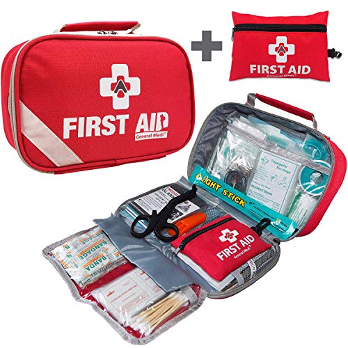 General Medi Kit de primeros auxilios 2 en 1 (juego de 215 piezas) + kit de  primeros auxilios de 43 piezas - Incluye lavaojos, paquete de hielo