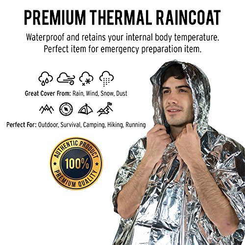 TEBRION 2 x Survival Raincoat and 2 x Extra Large 63"x82" Mylar Blankets Set