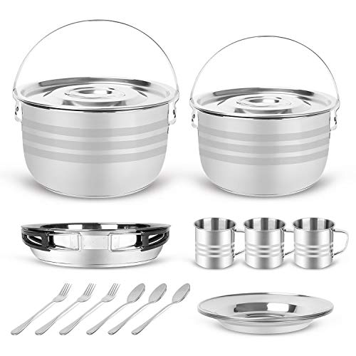 Odoland 15pcs Camping Cookware Mess Kit, Pots Pan,Plates Cups Forks and Spoons, Outdoor Cook Set