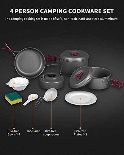 Camping Cookware Mess Kit Non-Stick Lightweight Pot Pan Set
