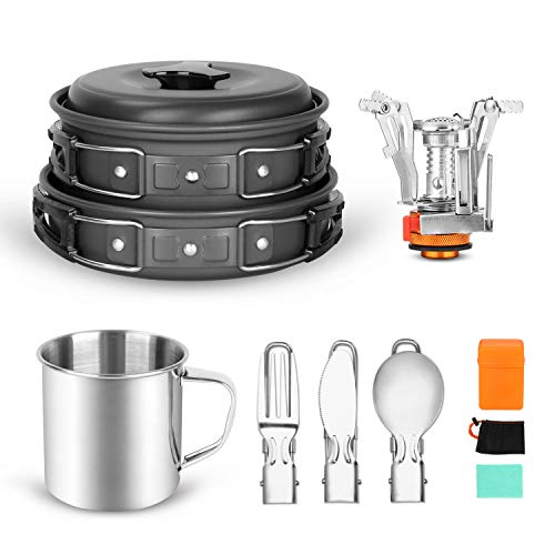 Odoland 10pcs Camping Cookware Mess Kit, with Stove Pot Pan Bowls Sporks Cup Set