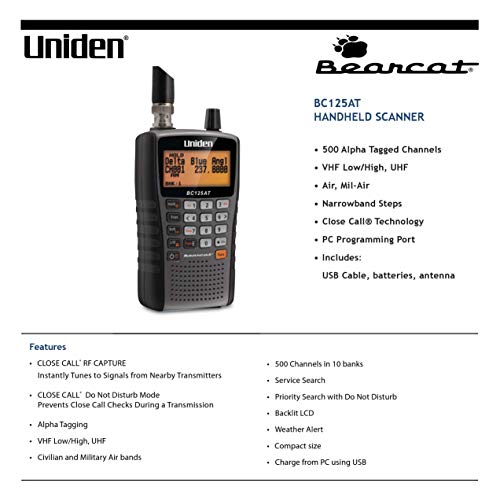Uniden Bearcat BC125AT Handheld Scanner. 500 Alpha-Tagged channels. Public Safety