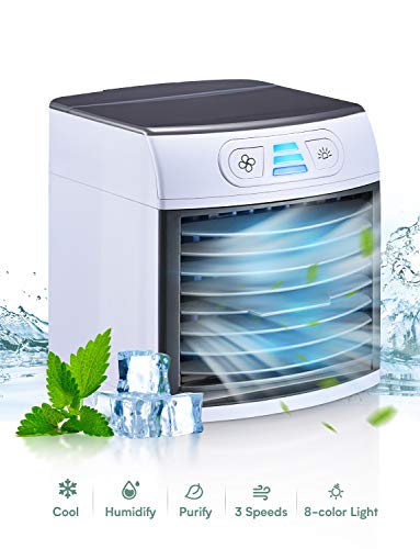 Homitt Personal Air Cooler, 4-in-1 Portable Air Conditioner, Humidifier, Purifier, USB Desk Fan with 3 Speeds, Mini Evaporative Cooler with 500ml Water Tank, 8 Lights for Home Office Bedroom, Quiet