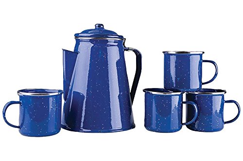 Stansport Enamel 8 Cup Coffee Pot with Percolator and 12 Ounce Mugs