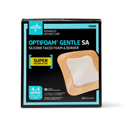 Medline Optifoam Gentle Silicone Faced Foam Dressing, Super Absorbent, 4"x4"