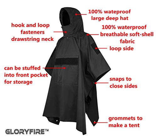 GLORYFIRE Poncho Technical Soft-Shell Poncho Tactical Ripstop Raincoat Multi-use