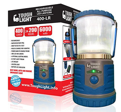 Tough Light LED Rechargeable Lantern - 200 Hours of Light from a Single Charge, Longest Lasting on Amazon! Camping and Emergency Light with Phone Charger - 2 Year Warranty (Blue)