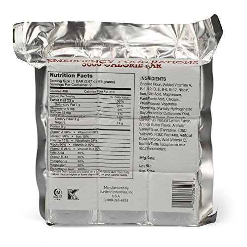 Emergency Food Rations 5 Pack - 3600 Calorie Bar - 15 Day Supply