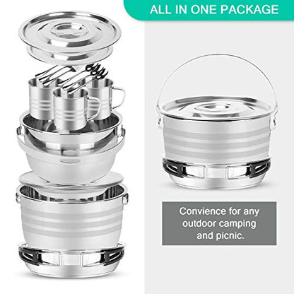 Odoland 15pcs Camping Cookware Mess Kit, Pots Pan,Plates Cups Forks and Spoons, Outdoor Cook Set
