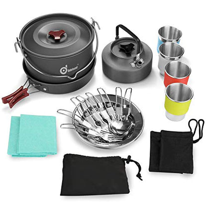 Odoland 22pcs Camping Cookware Mess Kit, Large Hanging Pot Pan Kettle