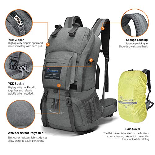 Mountaintop 40 Liter Hiking Backpack with Rain Cover for Outdoor Camping (Silver gray)