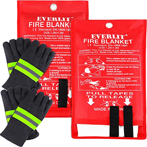 EVERLIT [2-Pack] Fire Blanket Size XL 47''x47'' Fire Suppression Emergency Blanket w/Heat Resistant Gloves w/Reflective Strap for Kitchen, Camping, Grilling