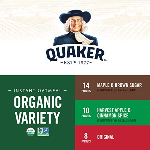 Quaker Instant Oatmeal, USDA Organic, Non-GMO Project Verified, 3 Flavor Variety Pack, Individual Packets, 32 Count