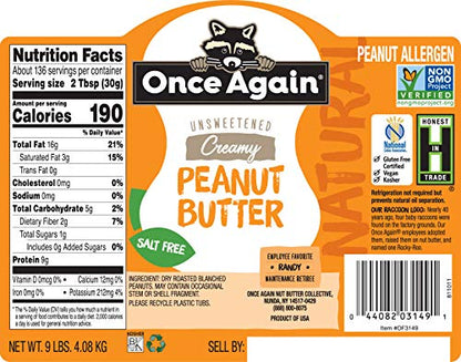 Once Again Natural, Creamy Peanut Butter - Salt Free, Unsweetened - 9 lb Bucket