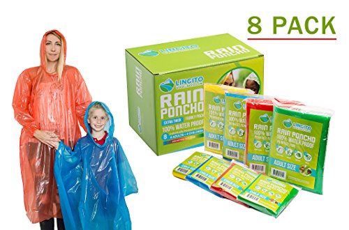Lingito Rain Poncho Family Pack: Extra Thick -Disposable Emergency Rain Ponchos for Men, Women and Teens, Children (8pack)
