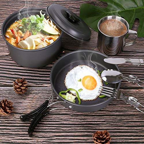 Odoland 15pcs Camping Cookware Mess Kit, Non-Stick Lightweight Pot Pan  Kettle Set with Stainless Steel Cups Plates Forks Knives Spoons for  Camping