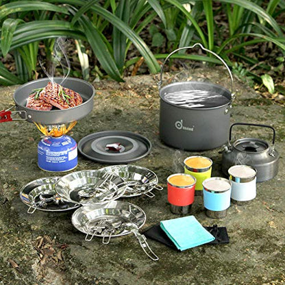 Odoland 22pcs Camping Cookware Mess Kit, Large Hanging Pot Pan Kettle